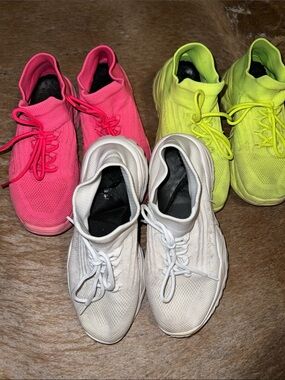 Three Pairs of Knit Athletic Sneakers - Pink, Neon Yellow, White